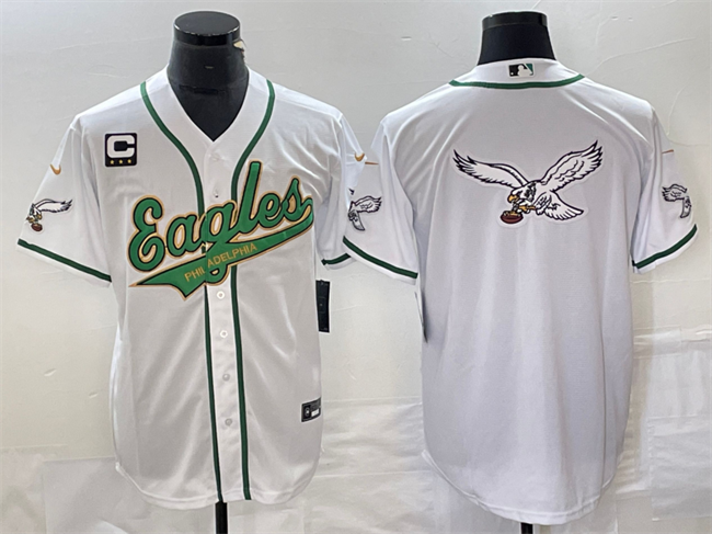 Men's Philadelphia Eagles White Gold Team Big Logo With C Patch Cool Base Stitched Baseball Jersey